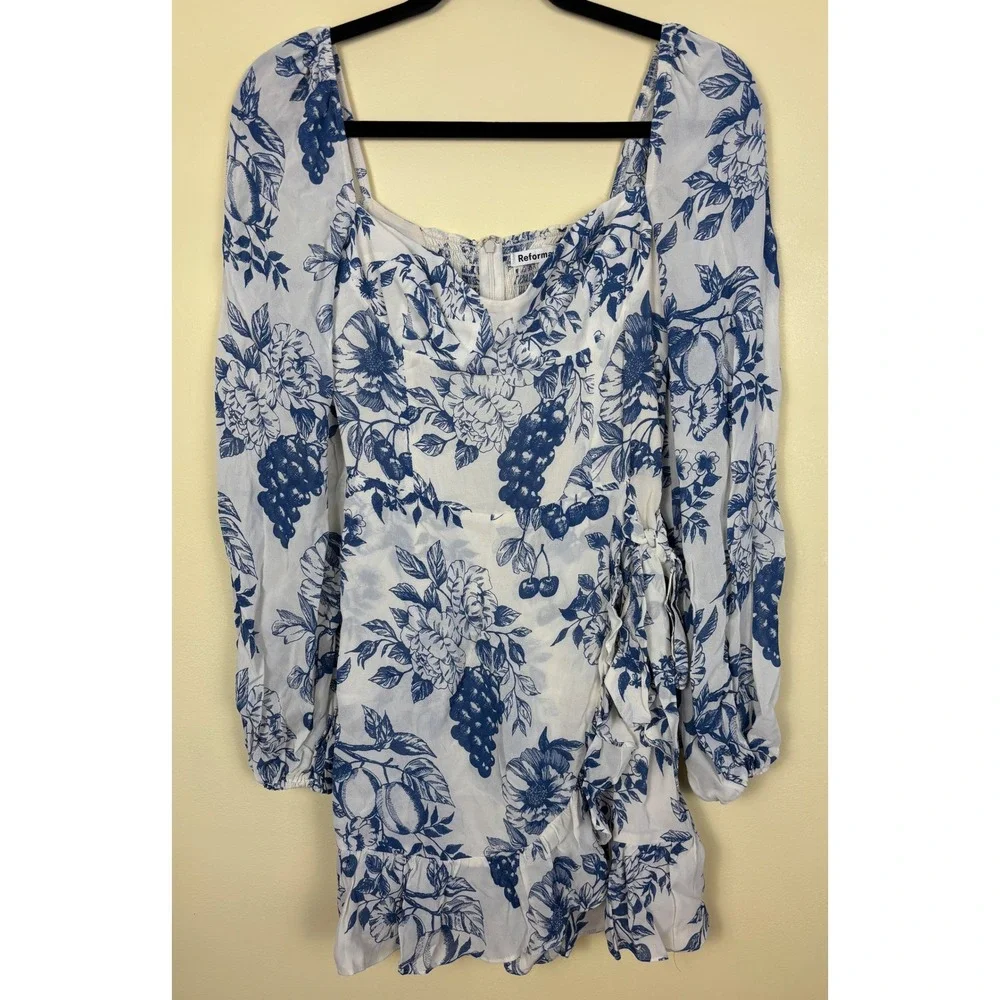 REFORMATION Cammi Mini Dress Corsica Blue Women Size 4 Floral Long Sleeve Garden - Picture 2 of 12